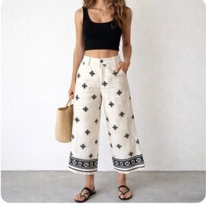 Zara Embroidered Boho Linen Blend Wide Leg Crop Pants S